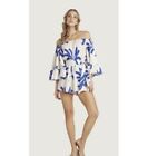Willow Womans Blue And Cream  Size Small Abstract Sam Puff Sleeves Short Romper 