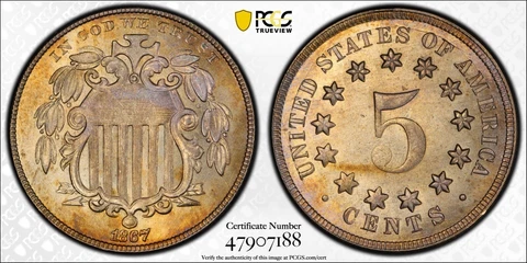1867 No Rays Shield nickel, PCGS MS64, Free Shipping Cover