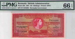 Bermuda / British Administration, Pick#19b 1957 10/- Shillings PMG 66 GEM UNCIRC
