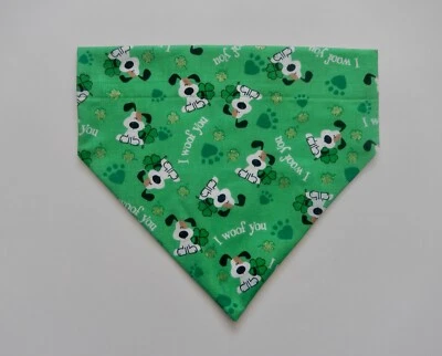 ST. PATRICK'S DAY "WOOF" DOGS  ON GREEN DOG SCARF/BANDANA--S, M, L - Image 1 of 3