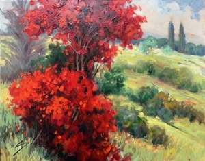 Pintura de paisaje original EVA SZORC óleo sobre lienzo "Burning Bush" 20" x 16" - Imagen 1 de 1
