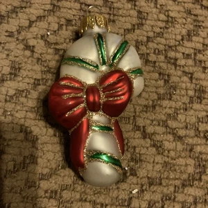 Vintage Glas grün gestreift Zuckerstange Unikat Schatz rote Schleife Weihnachtsschmuck - Bild 1 von 4