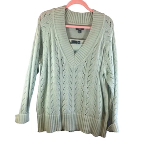 Sonoma Life + Style V-Ausschnitt 2-teiliges Pullover Set Damen Plus 1X offener Strick Zopfmuster grün - Bild 1 von 15