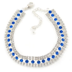 Clear/ Sapphire Blue Austrian Crystal Bracelet In Rhodium Plating - 18cm L/ 5cm - Picture 1 of 6