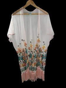 Haute Hippie Boho Sheer Floral Kimono Fringe Cardigan One Size Festival Cover Up - Picture 1 of 7
