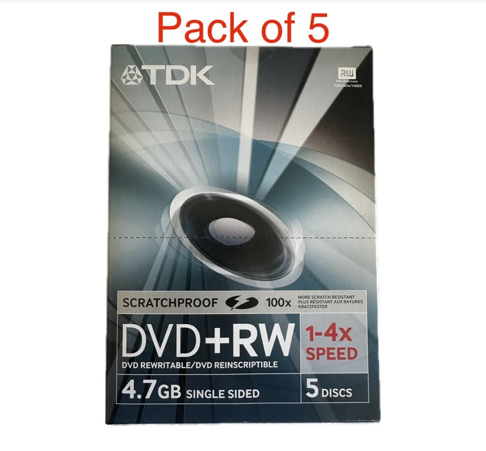5 x TDK DVD+RW Scratch proof 1-4x Speed 4.7GB Rewritable Disc in Hard Video Case - Image 1 of 1