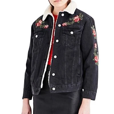 Jaqueta jeans Topshop Moto preta forrada Sherpa bordada rosas feminina tamanho 6 - Imagem 1 de 4