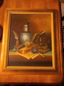 Vintage Frank Lean signiert Original Öl Leinwand Gemälde Violine Stillleben gerahmt - Bild 1 von 8