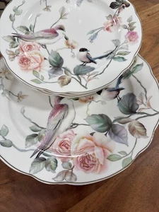 Grace Teaware Birds Pink Rose Gold Trim Dinner Salad Plates S/8 ~New~ - Picture 1 of 4