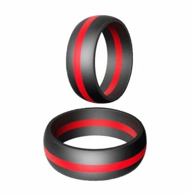 Anillo de boda de goma de silicona calce cruzado bombero línea roja de 8 mm para hombre  Foto 1 de 3
