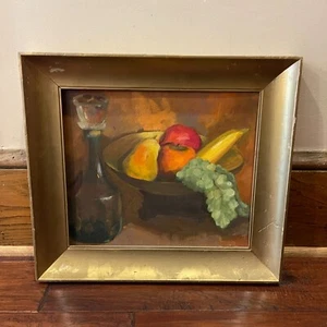 Oil Original Still Life Painting on Board Unsigned Decanter, Fruit Bowl, Grapes - Picture 1 of 11