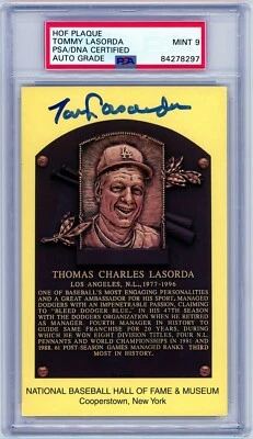 TOM TOMMY LASORDA Signed Hall of Fame HOF Plaque PostCard PSA 9 GRADED Autograph - Image 1 of 2
