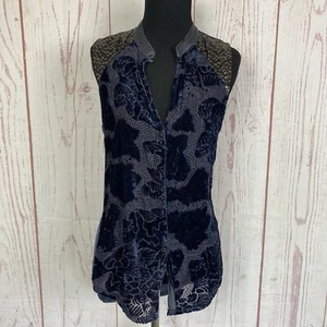 Anthropologie Tiny M Medium Sleeveless Top Tank Button Sequin Velvet Blue Flaw - Picture 1 of 10
