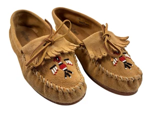Mocasines Minnetonka bronceados para mujer talla 11 Thunderbird planos con cuentas cómodos sin cordones - Imagen 1 de 16