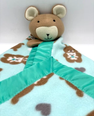Teddy Bear Plush Large Lovey Soft Fleece Security Blanket Satin Trimmed Teal - Image 1 of 4