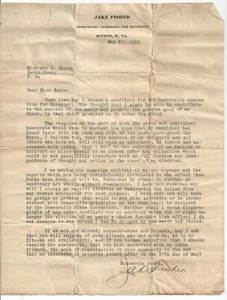 Jake Fisher West Virgina Governor Candidate Democrat Governor 1924 Parkersburg - Picture 1 of 1