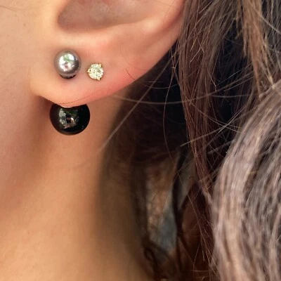 Stainless Steel Double Ended Gray Pearl + Black Ball Post Stud Earrings NEW  - Image 1 of 4