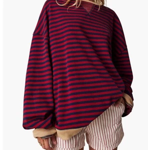 Free People Classic Striped Oversized Crewneck Red Navy Combo Large NEW - Picture 1 of 6