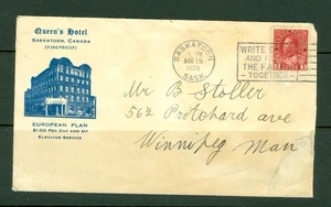 CANADA QUEENS HOTEL SASKATOON ILLUSTRATED COVER MAR 18 1928 TO WINNIPEG - Picture 1 of 2