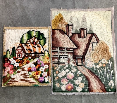 Juego de 2 escenas de cabaña bordadas crewel vintage de lana a punta de aguja sin terminar Foto 1 de 4
