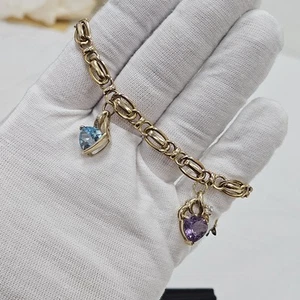 ESTATE MULTI COLOR GEM CHARMS 14KT YELLOW GOLD ITALY HEART LOVE BRACELET - Picture 1 of 14