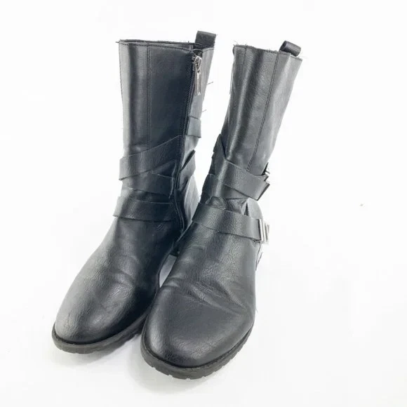 Calvin Klein Boots Women’s 7.5M Black Rochelle Mid-Calf Side Zip Buckle Straps - Image 1 of 4