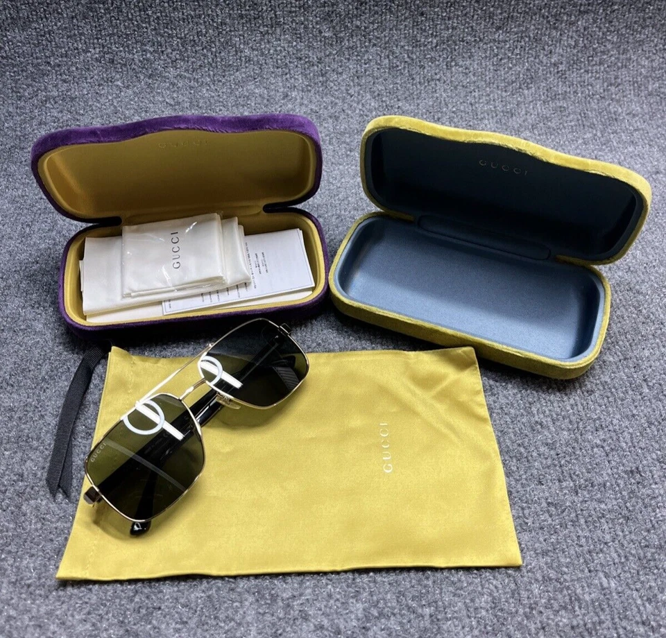 GUCCI GG0529S 001 Gafas de aviador doradas de gran tamaño con 2 estuches verde y púrpura nuevas Foto 1 de 4