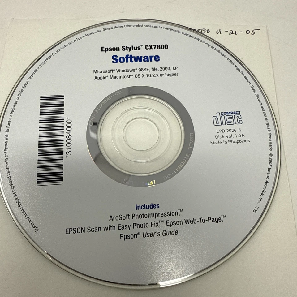 Epson Stylus CX7800 Inkjet Printer Software Windows 98SE Me XP Mac OS X 10.2.x+ - Image 1 of 2