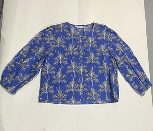 Zara Womens Blouse Size XXL Blue Palm Tree Print Button Up 3/4 Sleeve Top - Picture 1 of 6
