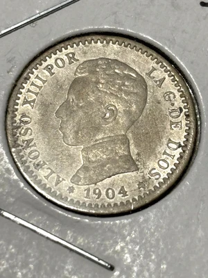 SPAIN 1904(10)50 CENTIMOS, KM723, XF-XF+,KEY COIN, 0.835 SIL, FREE USA SHIPPING - Image 1 of 4