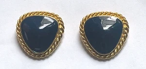 Vintage Pair Signed Bluette Made in France Gold-tone Navy Blue Enamel Shoe Clips - Picture 1 of 9