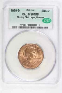 1979 D Dollar Susan B. Anthony CAC Grading MS 64 RB Missing Obverse Clad Layer - Picture 1 of 2