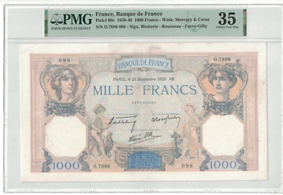 France 1000 Francs 1940 Pick# 90c PMG: 35 Choice Very Fine. #PL2666 - Image 1 of 2