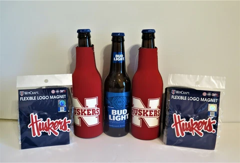 TWO (2) NEBRASKA CORNHUSKERS, NEOPRENE BOTTLE SUITS & TWO FLEXIBLE MAGNETS Cover