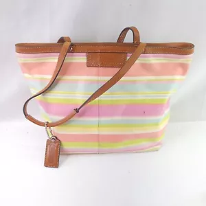 Coach Hampton Handtasche F13552 pastellgestreifte Tragetasche Canvas Geldbörse Schulter tragen - Bild 1 von 12