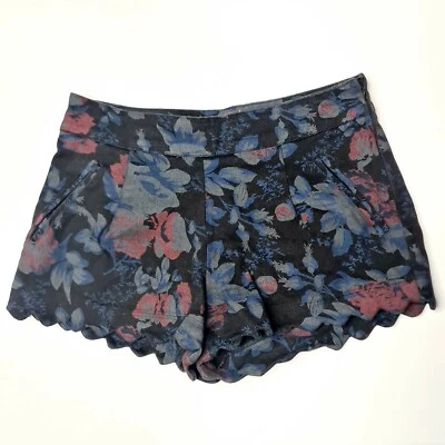 Mooloola Size 10 Black Denim Floral Stretch Ripple Hem Mini Shorts - Image 1 of 4