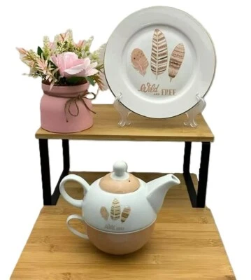 Ard'Time  théière solitaire rose poudré porcelaine motifs plumes avec soucoupe - Photo 1/4