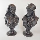 Vintage Pair Bronze Busts Arabian Lady And Gentleman In Traditional Dress 34cm