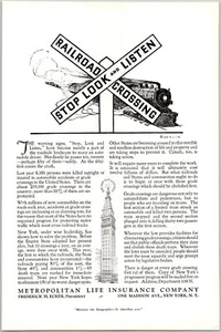 PRINT AD 1929 Metropolitan Life Insurance Railroad Crossing Stop Look Listen - Picture 1 of 3