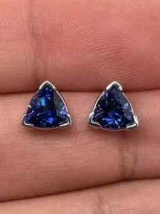 2Ct Trillion Cut Lab Created Sapphire Stud Earrings 14K White Gold Plated Silver - Picture 1 of 7