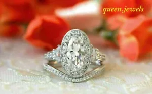 Oval Cut 3CT Lab-Created Diamond VVS1 Halo Wedding Ring Set 14K White Gold Over - Picture 1 of 7