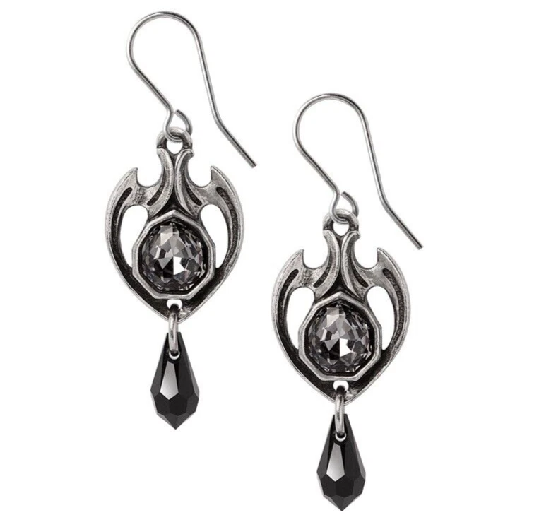 Pendientes goteros conmemorativos de medianoche góticos de alquimia cristales negros estaño E489 Foto 1 de 3