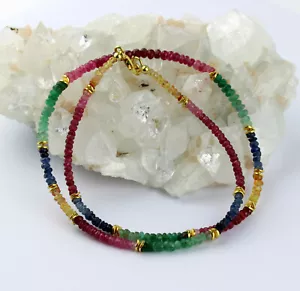 Ruby Sapphire Emerald Necklace Precious Stone Rainbow Colourful 925Silber - Picture 1 of 3