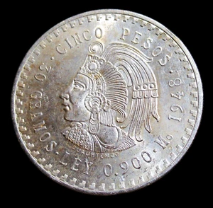 Mexico 1948 Cinco Pesos .900 Silver Cuauhtemoc Aztec Warrior BU - Picture 1 of 2