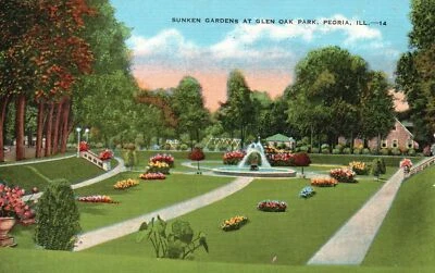 Sunken Gardens at Glen Oak Park Peoria Illinois IL Vintage Postcard 1930's - Image 1 of 2