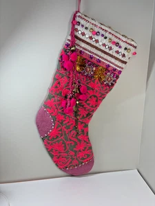 Free People Christmas Stocking Pink Paradise Boho Eclectic Bell Poms Beads - Picture 1 of 4