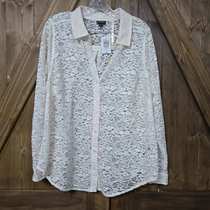 Camicia Torrid Lizzie in ciniglia con pizzo e bottoni 1x 14/16 avorio rugiada trasparente manica lunga - Foto 1 di 6