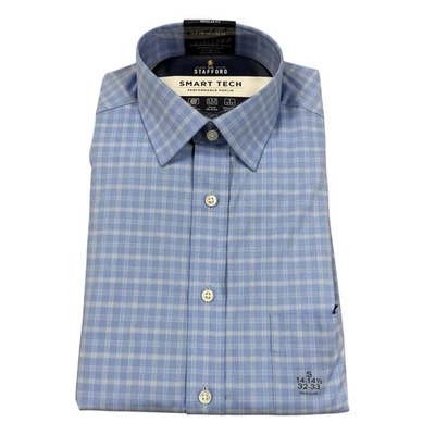 Camisa Stafford Smart Tech Para Hombre Pequeña Azul A Cuadros Rendimiento Popelina Calce Regular Foto 1 de 4
