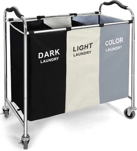 Laundry Basket with Wheels, 240l Hamper 3 Section White - Picture 1 of 7
