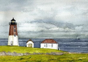Point Judith Lighthouse, Narragansett Bay, RI. Rob Thorpe Watercolor Art Prints - Picture 1 of 2